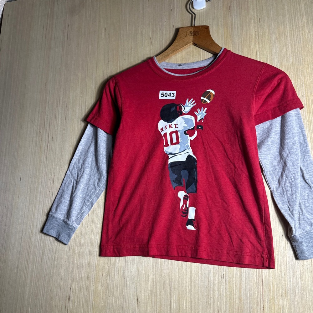 Nike T Shirt Kids Size 7 Red Grey Football Graphic Layered Long Sleeve Tee - Picture 4 of 10